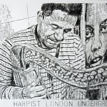 Load image into Gallery viewer, Diego Laverde Rojas mixed media on paper original artwork of a harp player on the London Underground by artist Stella Tooth detail