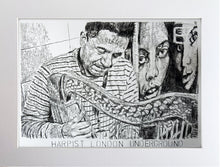 Load image into Gallery viewer, Diego Laverde Rojas mixed media on paper original artwork of a harp player on the London Underground by artist Stella Tooth display