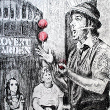 Load image into Gallery viewer, Juggling busker Corey Pickett performing in Covent Garden London pencil drawing on paper by Stella Tooth portrait artist detail