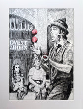 Load image into Gallery viewer, Juggling busker Corey Pickett performing in Covent Garden London pencil drawing on paper by Stella Tooth portrait artist display