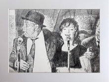Load image into Gallery viewer, Original monochrome drawing of The Rawhides by London musician artist Stella Tooth mounted pencil artwork display