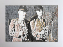 Load image into Gallery viewer, The Rawhides musicians performing at The Hideaway Streatham original pencil drawing on paper artwork by Stella Tooth display