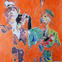 Load image into Gallery viewer, The Selecter 2 tone ska band musicians performing in London original orange mixed media artwork by Stella Tooth artist detail
