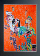 Load image into Gallery viewer, The Selecter 2 tone ska band musicians performing in London original orange mixed media artwork by Stella Tooth artist display
