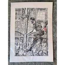 Load image into Gallery viewer, A slackliner artist performing in Covent Garden London to onlookers pencil drawing on paper by Stella Tooth portrait artist in mount