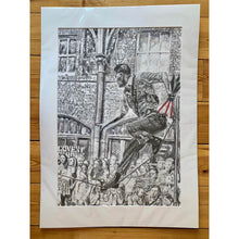 Load image into Gallery viewer, A slackliner artist performing in Covent Garden London to onlookers pencil drawing on paper by Stella Tooth portrait artist mounted
