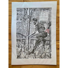 Load image into Gallery viewer, A slackliner artist performing in Covent Garden London to onlookers pencil drawing on paper by Stella Tooth portrait artist mounted