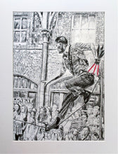 Load image into Gallery viewer, A slackliner artist performing in Covent Garden London to onlookers pencil drawing on paper by Stella Tooth portrait artist display