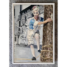 Load image into Gallery viewer, Tightrope walking performer in Venice Italy oil painting on canvas in blue by London based portrait artist Stella Tooth