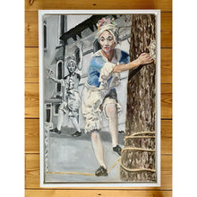 Load image into Gallery viewer, Tightrope walking performer in Venice Italy oil painting on canvas in blue by London based portrait artist Stella Tooth