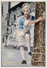 Load image into Gallery viewer, Tightrope walking performer in Venice Italy oil painting on canvas in blue by London based portrait artist Stella Tooth display