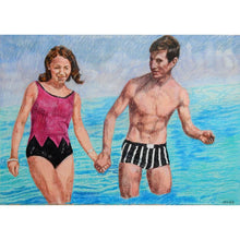 Load image into Gallery viewer, The Young Ones seaside swimmers pencil on paper in aqua blue deep pink and black by London based portrait artist Stella Tooth