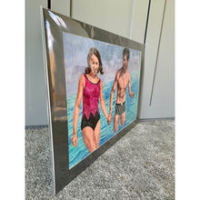 Load image into Gallery viewer, The Young Ones seaside swimmers pencil on paper in aqua blue deep pink and black by London based portrait artist Stella Tooth side