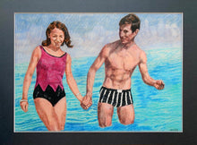 Load image into Gallery viewer, The Young Ones seaside swimmers pencil on paper in aqua blue deep pink and black by London based portrait artist Stella Tooth display
