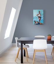 Load image into Gallery viewer, Two male seaside swimmers pencil on paper in aqua blue by London based portrait artist Stella Tooth room view