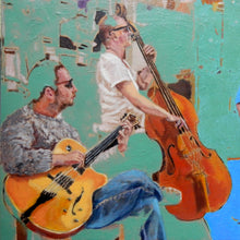 Load image into Gallery viewer, The SO Trio performing in Brighton oil on canvas artwork by Stella Tooth
