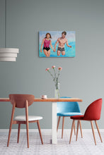 Load image into Gallery viewer, The Young Ones seaside swimmers pencil on paper in aqua blue deep pink and black by London based portrait artist Stella Tooth