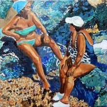 Load image into Gallery viewer, Sunbathing women oil painting on canvas of friends bathing in aqua blue waters by London portrait artist Stella Tooth