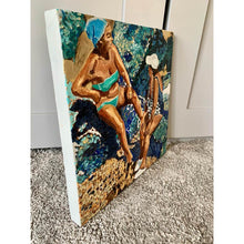 Load image into Gallery viewer, Sunbathing women oil painting on canvas of friends bathing in aqua blue waters by London portrait artist Stella Tooth side