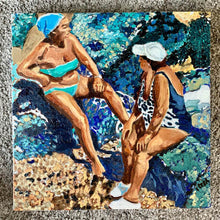 Load image into Gallery viewer, Sunbathing women oil painting on canvas of friends bathing in aqua blue waters by portrait artist Stella Tooth
