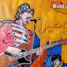 Load image into Gallery viewer, Ultimate Beatles at the Half Moon Putney Mixed media on paper of musician by London based performer artist Stella Tooth