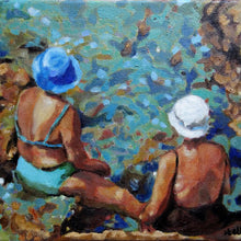 Load image into Gallery viewer, Vecchie Amiche in Ischia by Stella Tooth original oil painting of two sunbathing ladies by Mediterranean waters in Italy detail