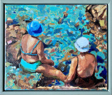 Load image into Gallery viewer, Vecchie Amiche in Ischia by Stella Tooth original oil painting of two sunbathing ladies by Mediterranean waters in Italy display
