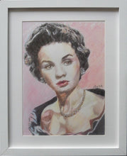 Load image into Gallery viewer, Vivien Leigh actress portrait pencil on paper in pink and black by London based artist Stella Tooth display
