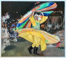 Load image into Gallery viewer, Turkish whirling dervish dancer performing in Turkey original artwork oil on canvas painting by Stella Tooth artist display

