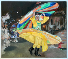 Load image into Gallery viewer, Turkish whirling dervish dancer performing in Turkey original artwork oil on canvas painting by Stella Tooth artist display