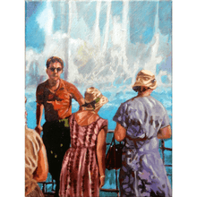 Load image into Gallery viewer, White water oil painting on canvas of tourists standing by the Niagara Falls by London based portrait artist Stella Tooth
