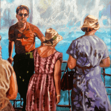 Load image into Gallery viewer, White water oil painting on canvas of tourists standing by the Niagara Falls by London based portrait artist Stella Tooth detail