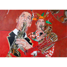 Load image into Gallery viewer, Mixed media on paper artwork of Whoopee Band Richard White and Malcolm Sked by Stella Tooth who is resident artist at the Half Moon Putney
