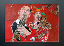 Load image into Gallery viewer, Mixed media on paper artwork of Whoopee Band Richard White and Malcolm Sked by Stella Tooth who is resident artist at the Half Moon Putney display