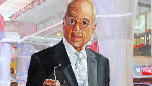 George Journalist George Alagiah BBC journalist in newsroom in oils by Stella Tooth