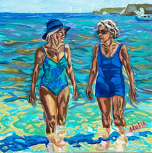 Load image into Gallery viewer, Bournemouth Belles by Stella Tooth, an impressionistic oil painting of two women walking in shallow ocean water at a beach. 
