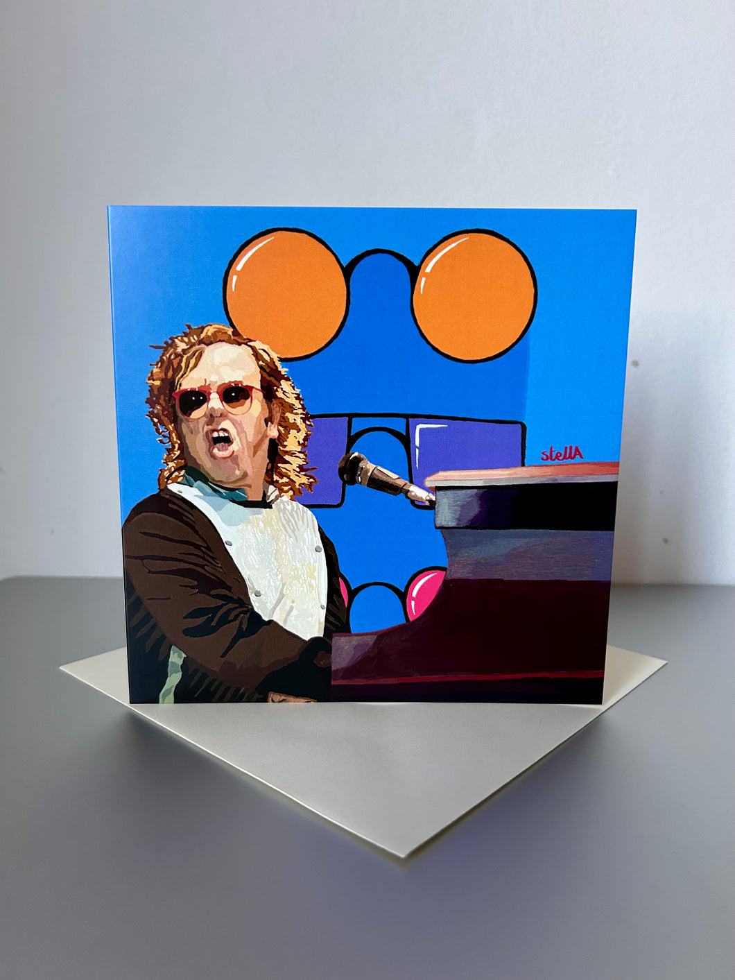 Greetings card of Elton John printed from a digital painting by Stella Tooth artist
