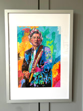Load image into Gallery viewer, Keith Richards Rolling Stones mixed media on paper by Stella Tooth in frame

