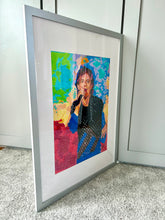 Load image into Gallery viewer, Framed mixed media portrait of Rolling Stones Mick Jagger by Stella Tooth side view
