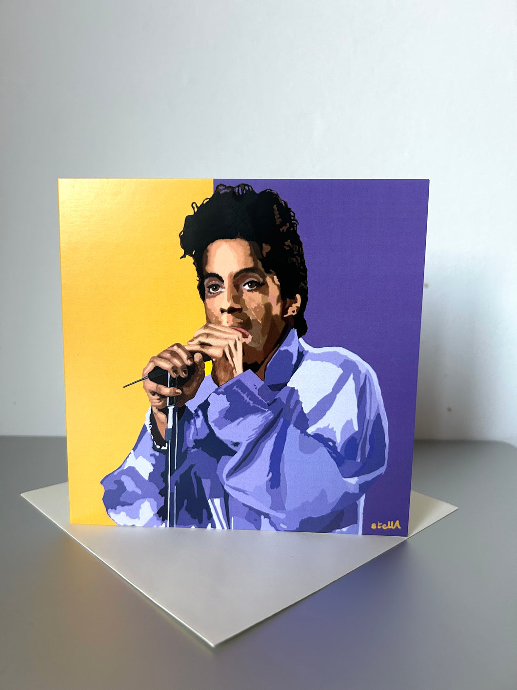 Greetings card printed from digital painting of musician Prince by Stella Tooth artist.