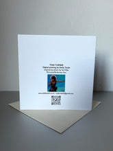 Load image into Gallery viewer, Greetings card back of Tina Turner performing printed from digital painting by Stella Tooth artist.
