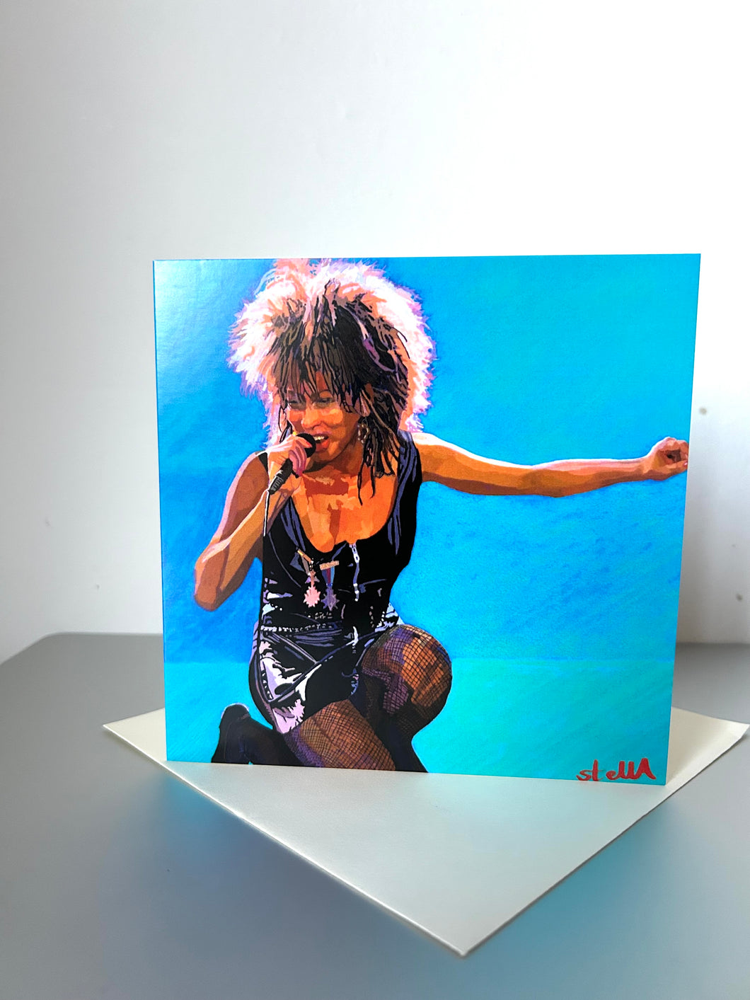 Greetings card of Tina Turner performing printed from digital painting by Stella Tooth artist.