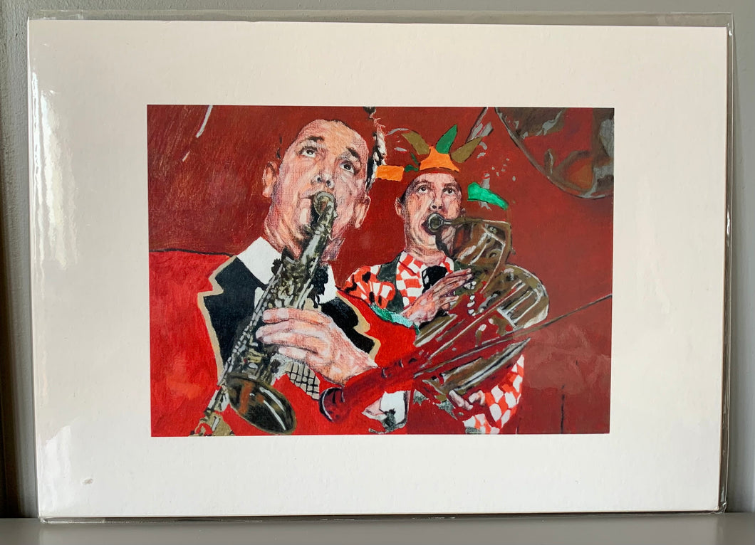 Fine art print reproduction of Stella Tooth's original mixed media on paper artwork of Richard White and Malcolm Sked of Bob Kerr's Whoopee Band