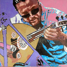 Load image into Gallery viewer, Zana Asia busker musician performing on the streets of Knightsbridge in London acrylic on canvas artwork by Stella Tooth detail
