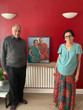 Load image into Gallery viewer, Chandra and Kasmira Naik with their oil portrait by Stella Tooth artist
