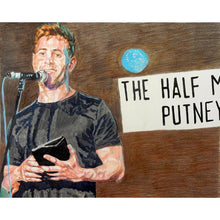 Load image into Gallery viewer, Simon Brodkin comedian performing at the Half Moon Putney original mixed media drawing on paper artwork by Stella Tooth
