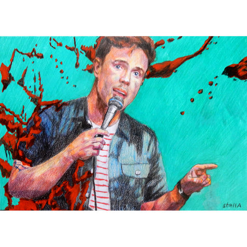 Comedian Ed Gamble mixed media on paper artwork by Stella Tooth