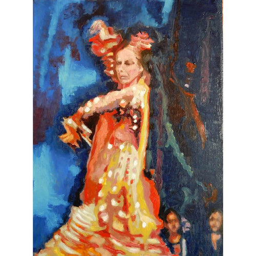 Spanish flamenco dancer dancing in Seville Spain oil on canvas original artwork by portrait painter Stella Tooth