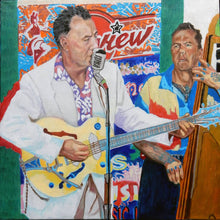 Load image into Gallery viewer, Johnny Gunner and the Raiders music band performing live oil on canvas in frame artwork by Stella Tooth
