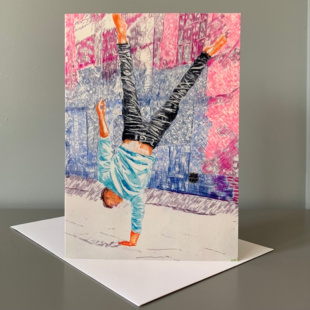 Fine art greetings card of Southbank acrobat Jonathan Last reproduced from drawing by Stella Tooth performer art